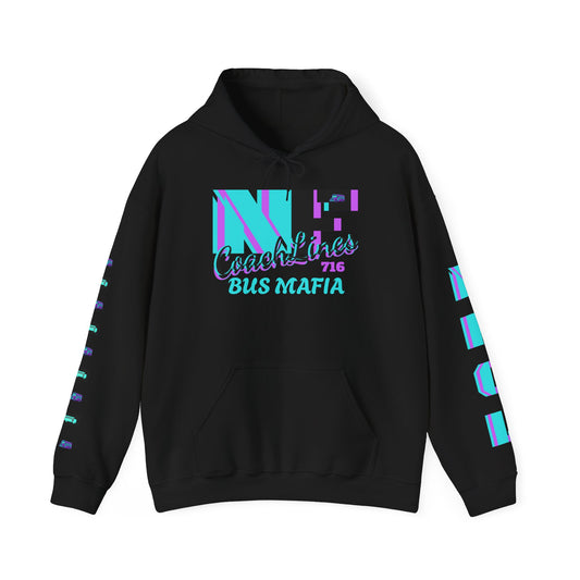 Z...e..NFCL WORK ATTIRE Niagara Falls Coach Lines Hoodie with turquoise/purple/black Sleeve Graphics